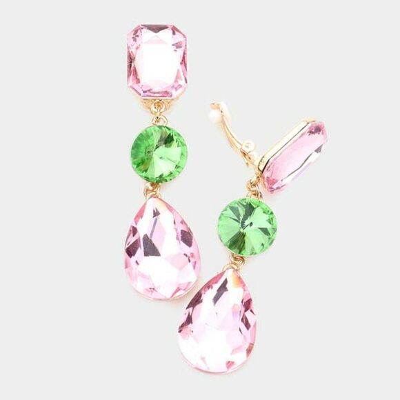 Triple Pink and Green Crystal Clip On Earrings NWT - Picture 1 of 6